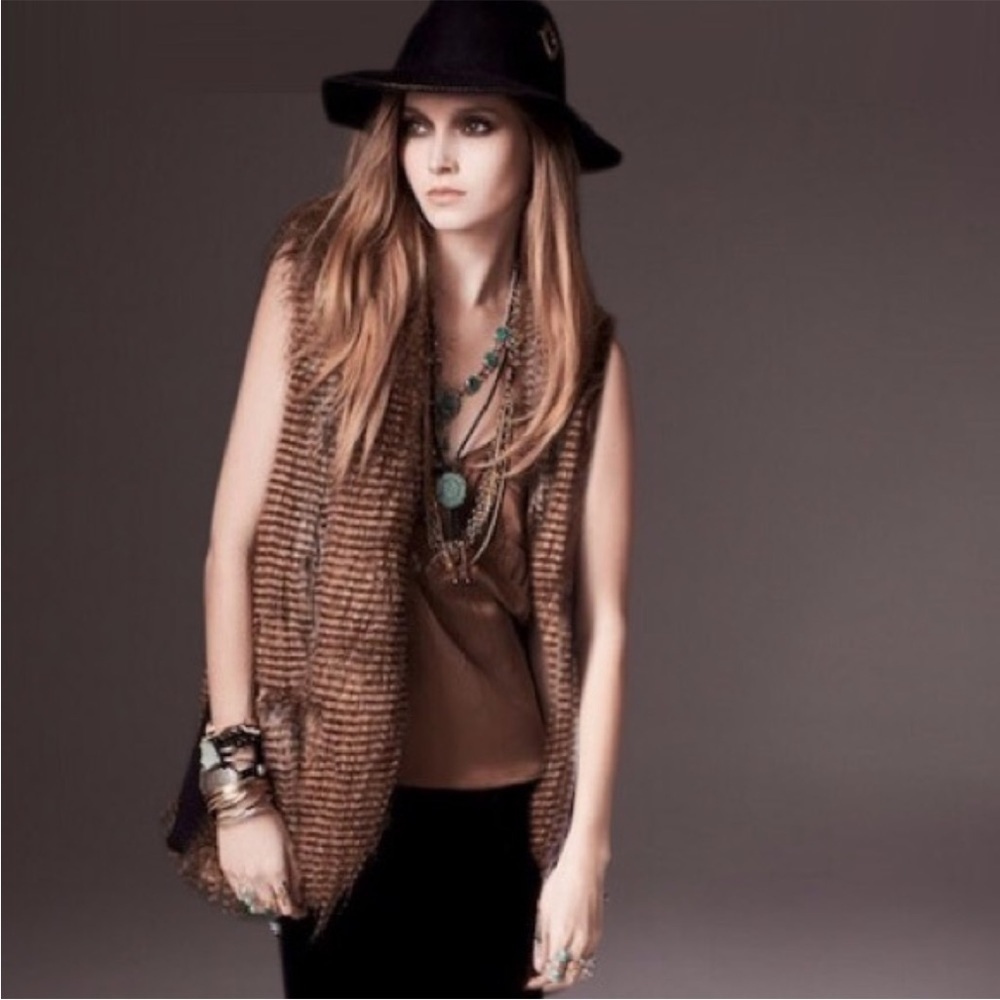 TWELFTH STREET by Cynthia Vincent linear faux fur open vest brown tan pockets S